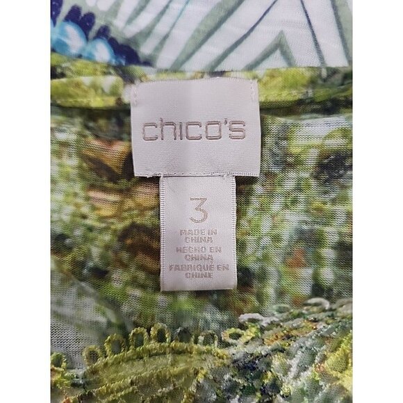 Chico's Blue/Lime Scalloped Lace Sequin & Pearl Print Chiffon Hem Top Xlarge - Picture 6 of 8